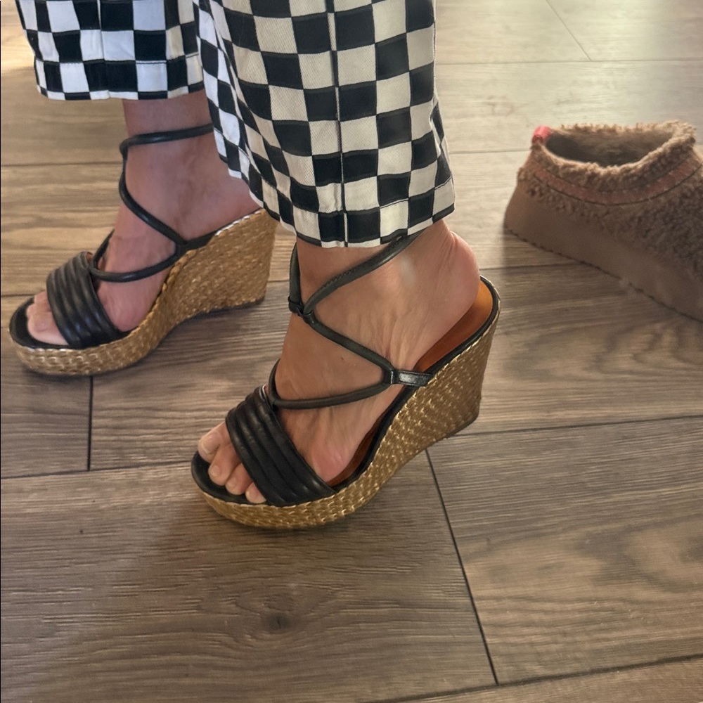 Coach Black Leather Wedge Sandals with Braided Espadrille - Picture 3 of 16